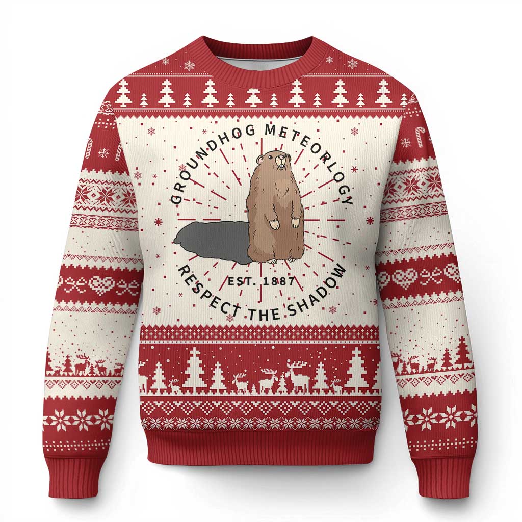 Groundhog Meteorology Knit Sweatshirt Respect The Shadow Est 1887 Funny Woodchuck TS02 Red Print Your Wear