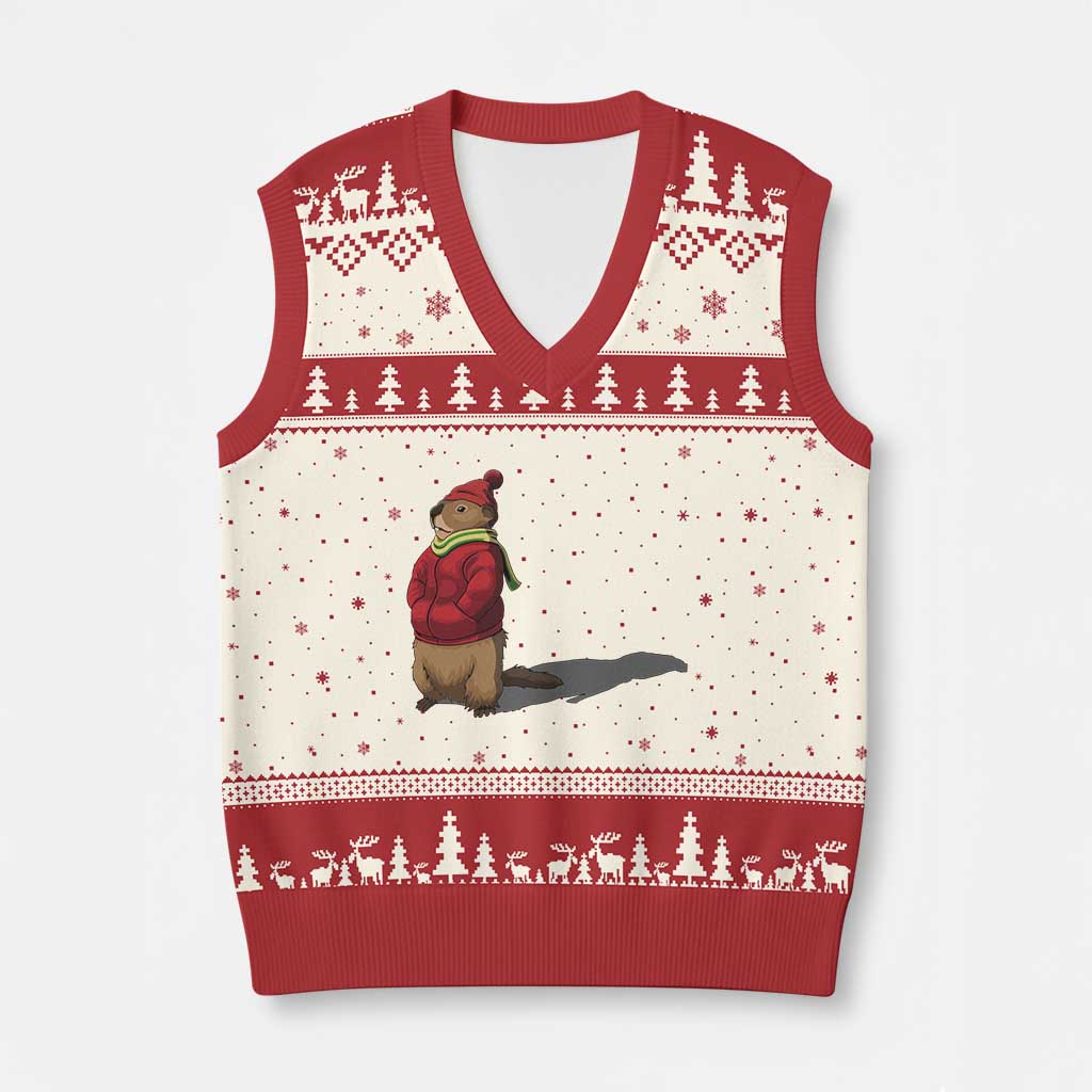 Groundhog Shadow V-Neck Knit Sweater Vest Funny Woodchuck Ground Hog Meteorlogy TS02 Beige Red Print Your Wear
