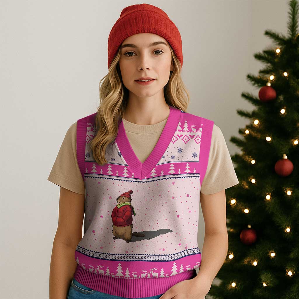 Groundhog Shadow V-Neck Knit Sweater Vest Funny Woodchuck Ground Hog Meteorlogy TS02 Hot Pink Print Your Wear