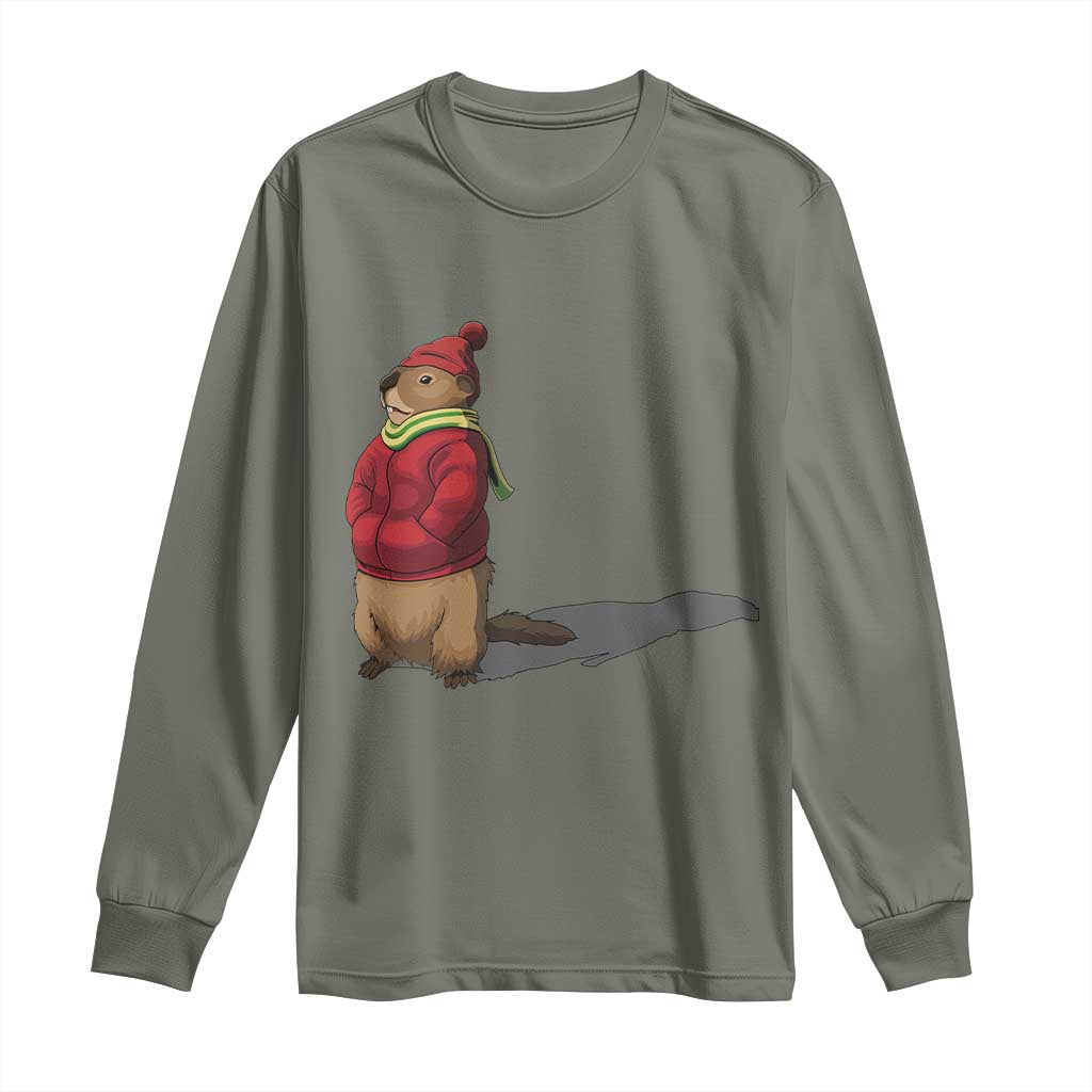 Groundhog Shadow Long Sleeve Shirt Funny Woodchuck Ground Hog Meteorlogy TS02 Military Green Print Your Wear