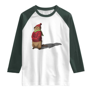 Groundhog Shadow Raglan Shirt Funny Woodchuck Ground Hog Meteorlogy TS02 White Dark Forest Green Print Your Wear