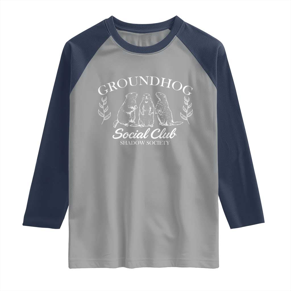 Groundhog Social Club Raglan Shirt Shadow Society Funny Woodchuck TS02 Sport Gray Navy Print Your Wear