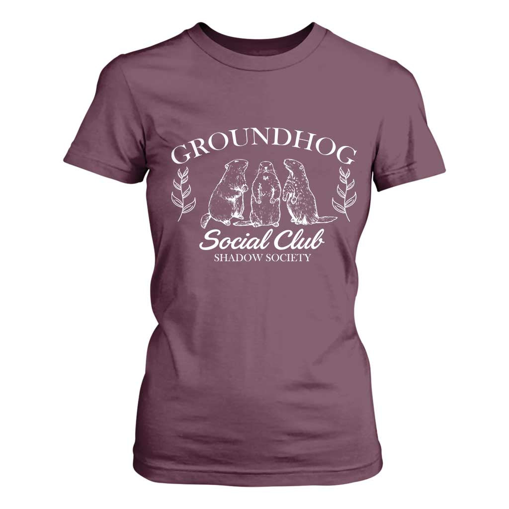 Groundhog Social Club T Shirt For Women Shadow Society Funny Woodchuck TS02 Maroon Print Your Wear