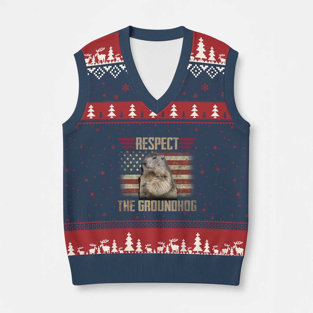 Groundhog Meteorology V-Neck Knit Sweater Vest Respect The Groundhog Woodchuck Photo GroundHog Day TS02 Navy Red Print Your Wear