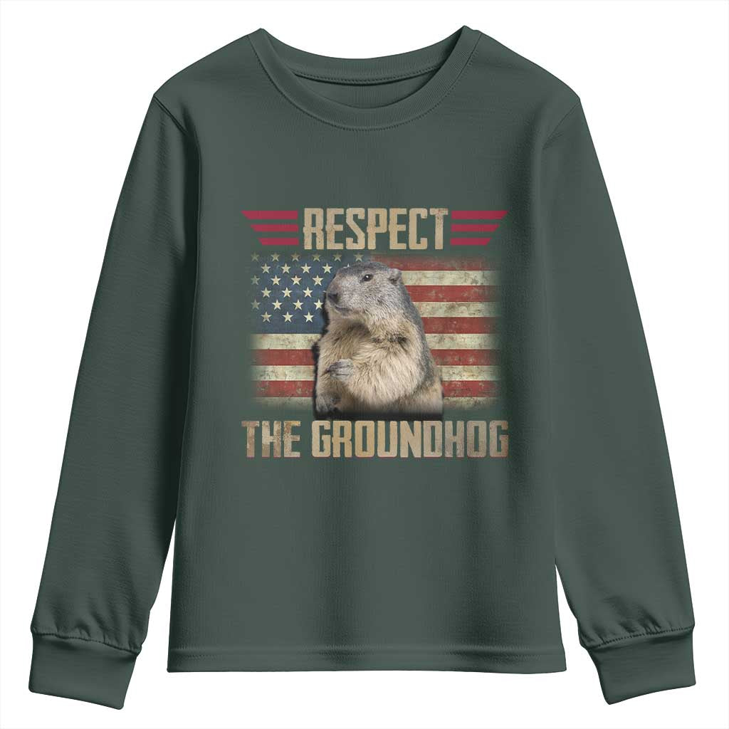Groundhog Meteorology Youth Sweatshirt Respect The Groundhog Woodchuck Photo GroundHog Day TS02 Dark Forest Green Print Your Wear