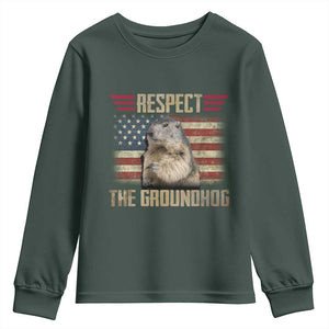 Groundhog Meteorology Youth Sweatshirt Respect The Groundhog Woodchuck Photo GroundHog Day TS02 Dark Forest Green Print Your Wear