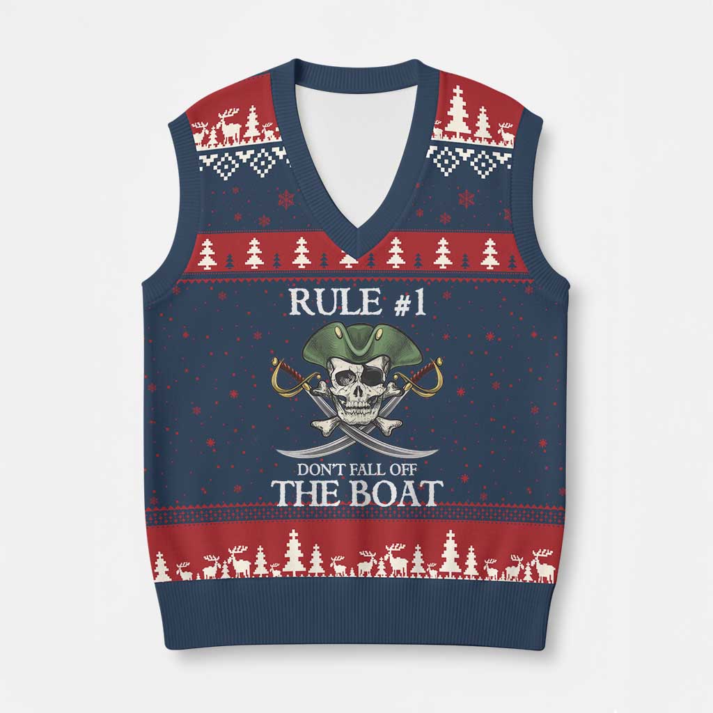 Funny Pirate V-Neck Knit Sweater Vest Rule #1 Don't Fall Off The Boat Cruise Party Gift - Print Your Wear