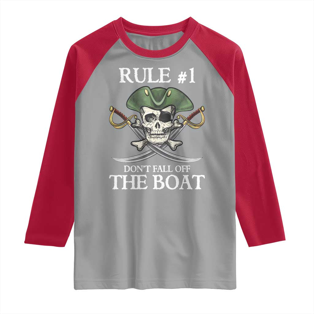 Funny Pirate Raglan Shirt Rule #1 Don't Fall Off The Boat Cruise Party Gift - PrintYourWear Size: XS Color: Sport Gray/Red