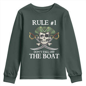 Funny Pirate Youth Sweatshirt Rule #1 Don't Fall Off The Boat Cruise Party Gift - PrintYourWear Size: XS Color: Dark Forest Green