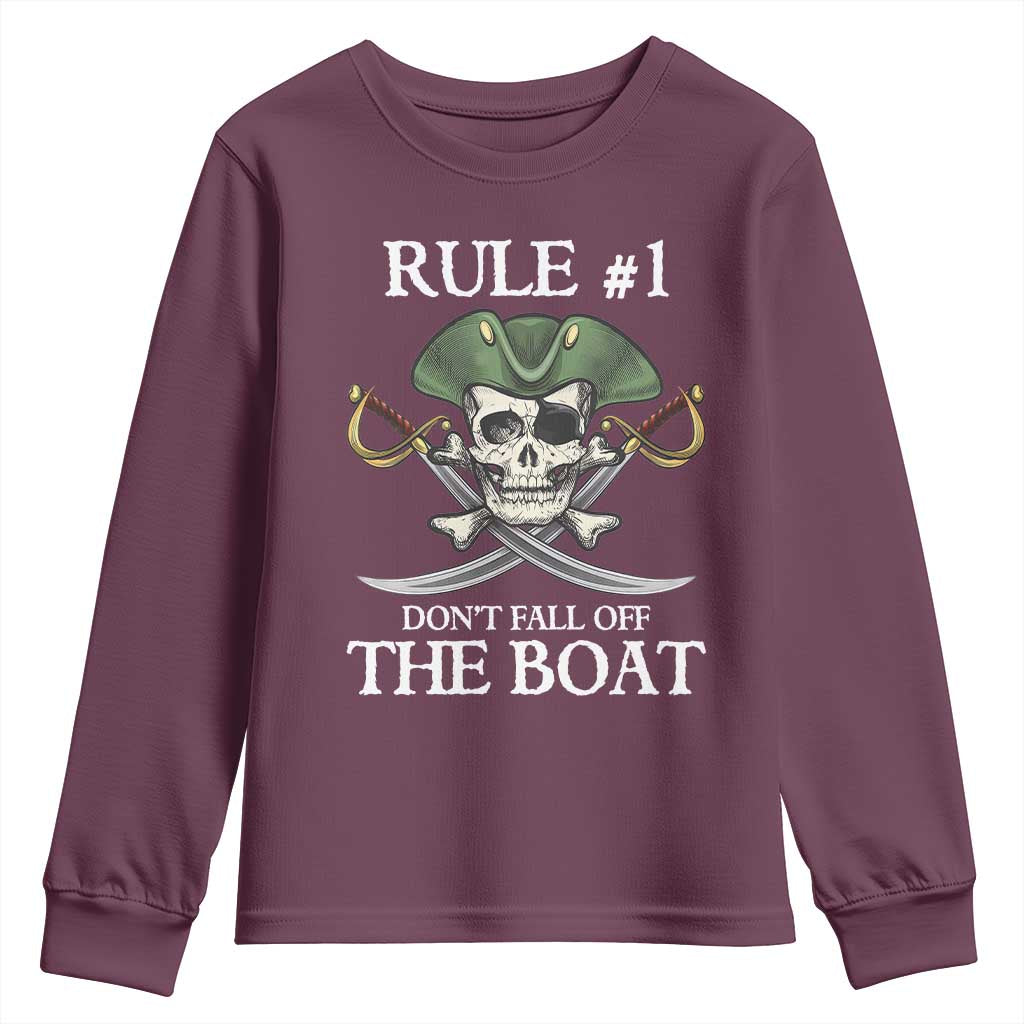 Funny Pirate Youth Sweatshirt Rule #1 Don't Fall Off The Boat Cruise Party Gift - PrintYourWear Size: XS Color: Maroon