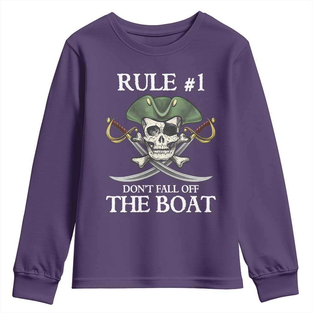 Funny Pirate Youth Sweatshirt Rule #1 Don't Fall Off The Boat Cruise Party Gift - PrintYourWear Size: XS Color: Purple
