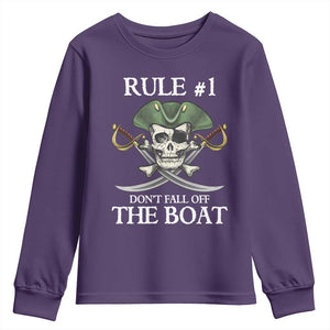 Funny Pirate Youth Sweatshirt Rule #1 Don't Fall Off The Boat Cruise Party Gift - PrintYourWear Size: XS Color: Purple