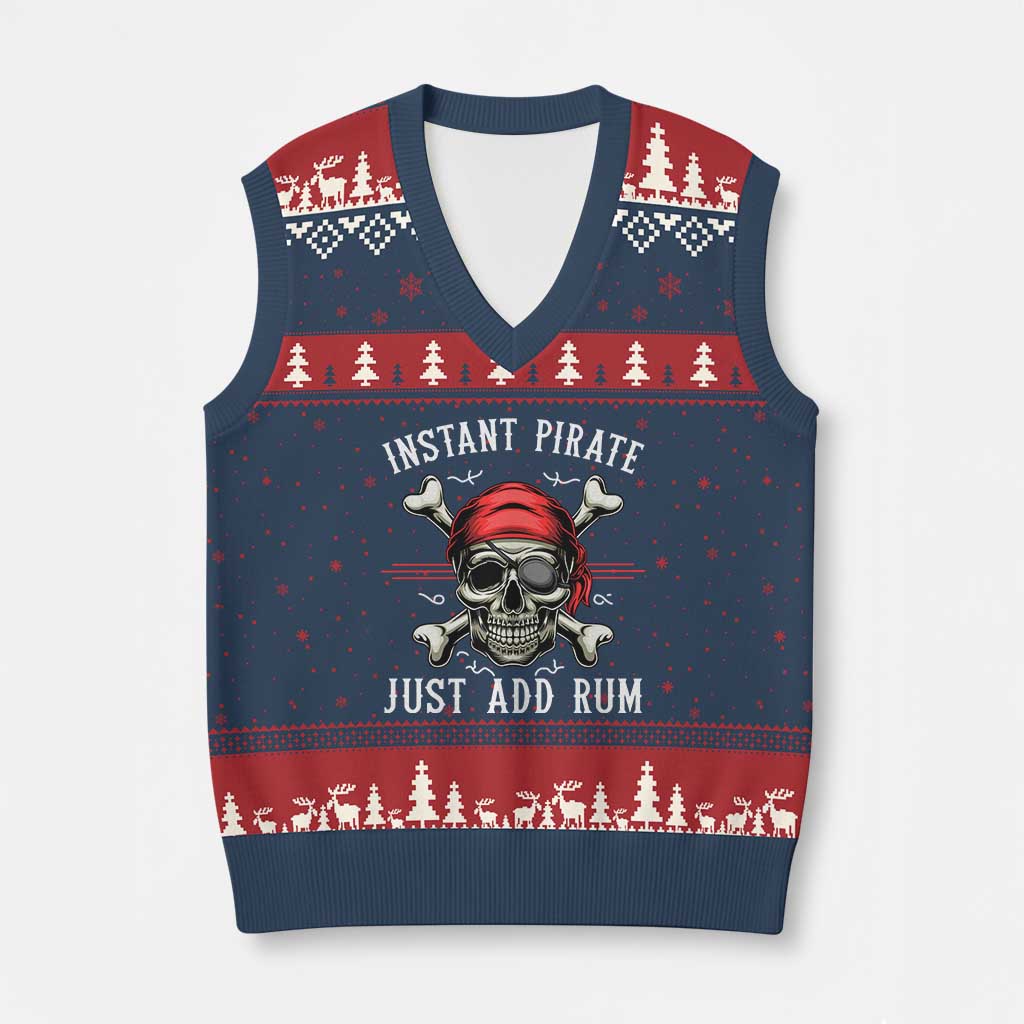 Funny Pirate Skull V-Neck Knit Sweater Vest Instant Pirate Just Add Rum Funny Jolly Roger Crossbones TS02 Navy Red Print Your Wear