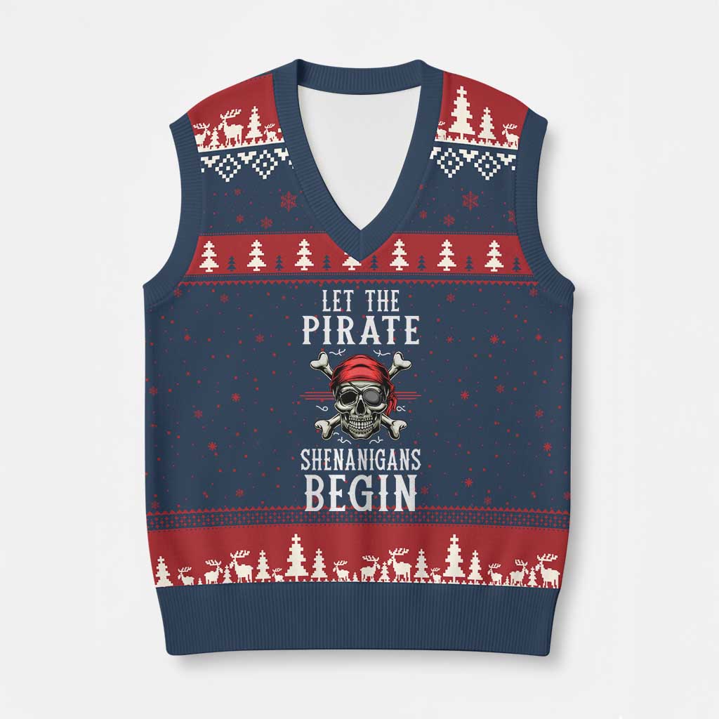 Let The Pirate Shenanigans Begin V-Neck Knit Sweater Vest Pirate Skull TS02 Navy Red Print Your Wear