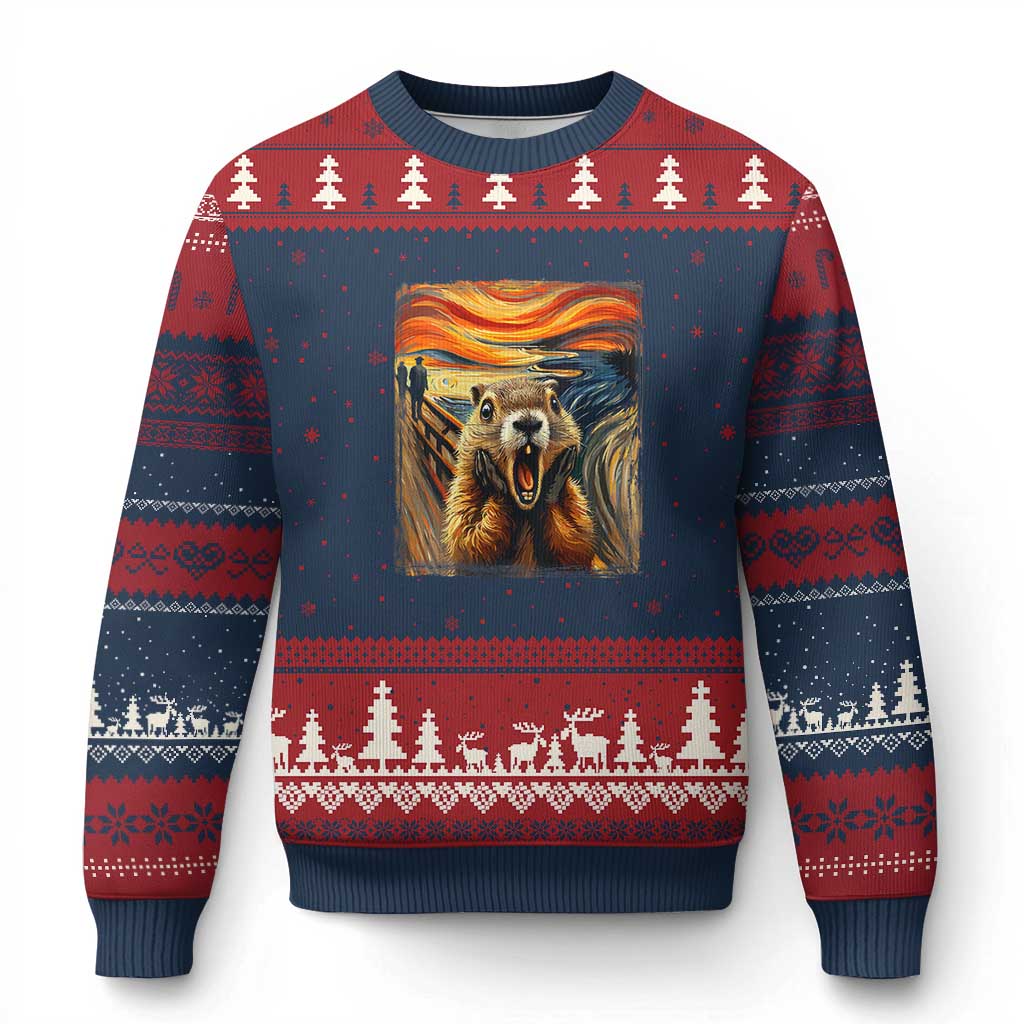 Funny Scream Groundhog Ugly Christmas Sweater Woddchuck Day TS02 Navy Red Print Your Wear