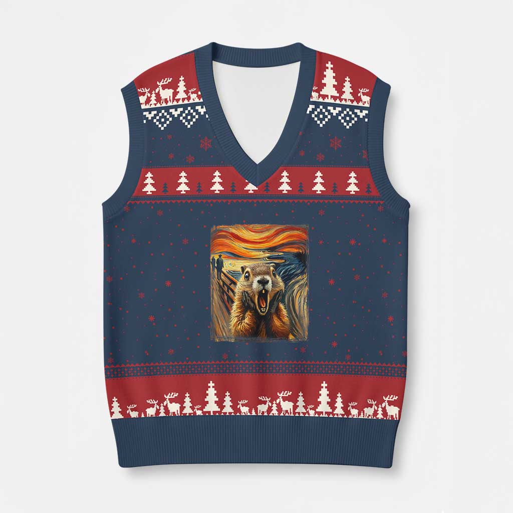 Funny Scream Groundhog V-Neck Knit Sweater Vest Woddchuck Day TS02 Navy Red Print Your Wear