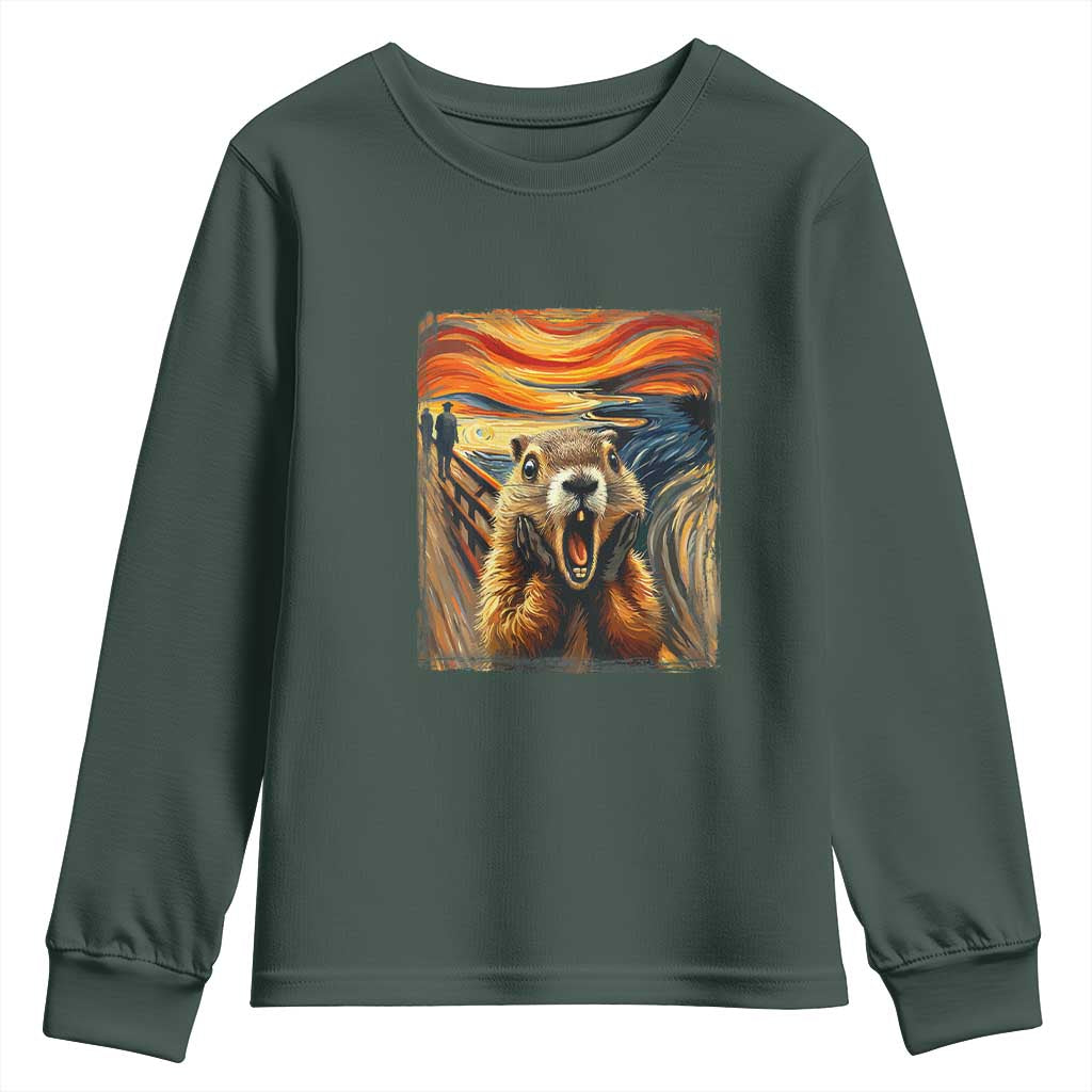 Funny Scream Groundhog Youth Sweatshirt Woddchuck Day TS02 Dark Forest Green Print Your Wear