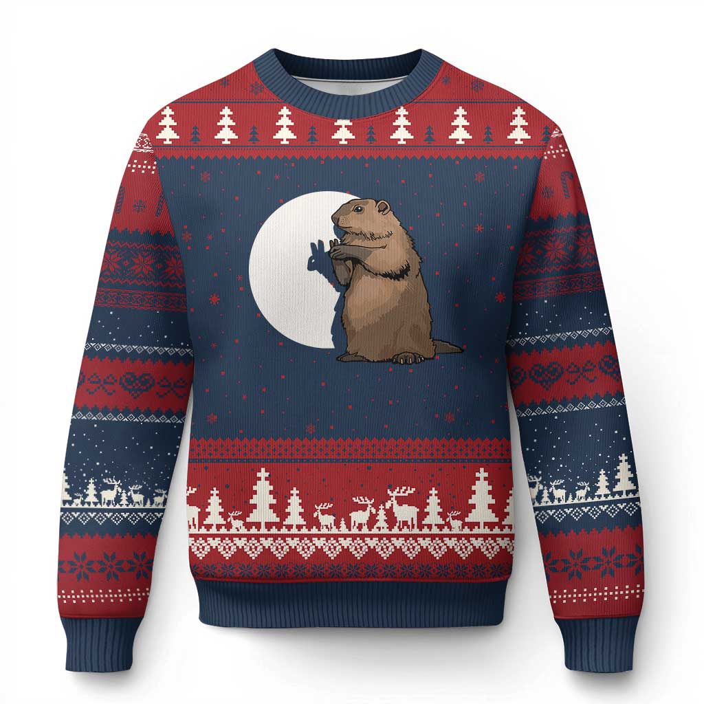 Groundhog Shadow Meteorlogy Ugly Christmas Sweater Woodchuck Puppet Funny Gift TS02 Navy Red Print Your Wear
