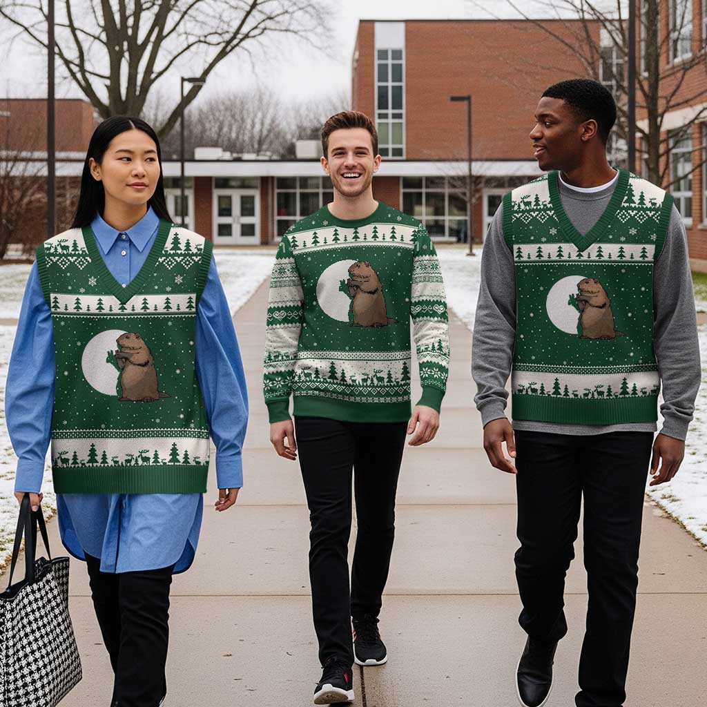 Groundhog Shadow Meteorlogy V-Neck Knit Sweater Vest Woodchuck Puppet Funny Gift TS02 Forest Green Beige Print Your Wear