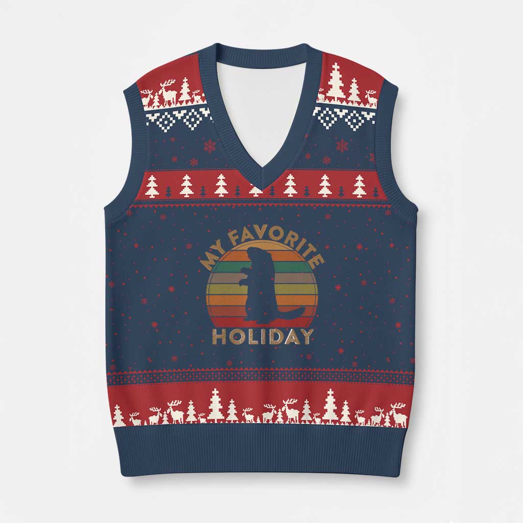 Groundhog Day V-Neck Knit Sweater Vest My Favorite Holiday Ground Hog Shadow Retro Sunset TS02 Navy Red Print Your Wear