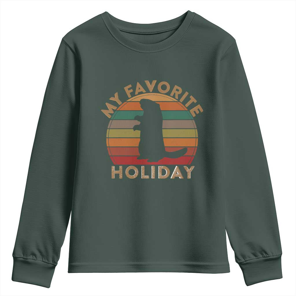 Groundhog Day Youth Sweatshirt My Favorite Holiday Ground Hog Shadow Retro Sunset TS02 Dark Forest Green Print Your Wear