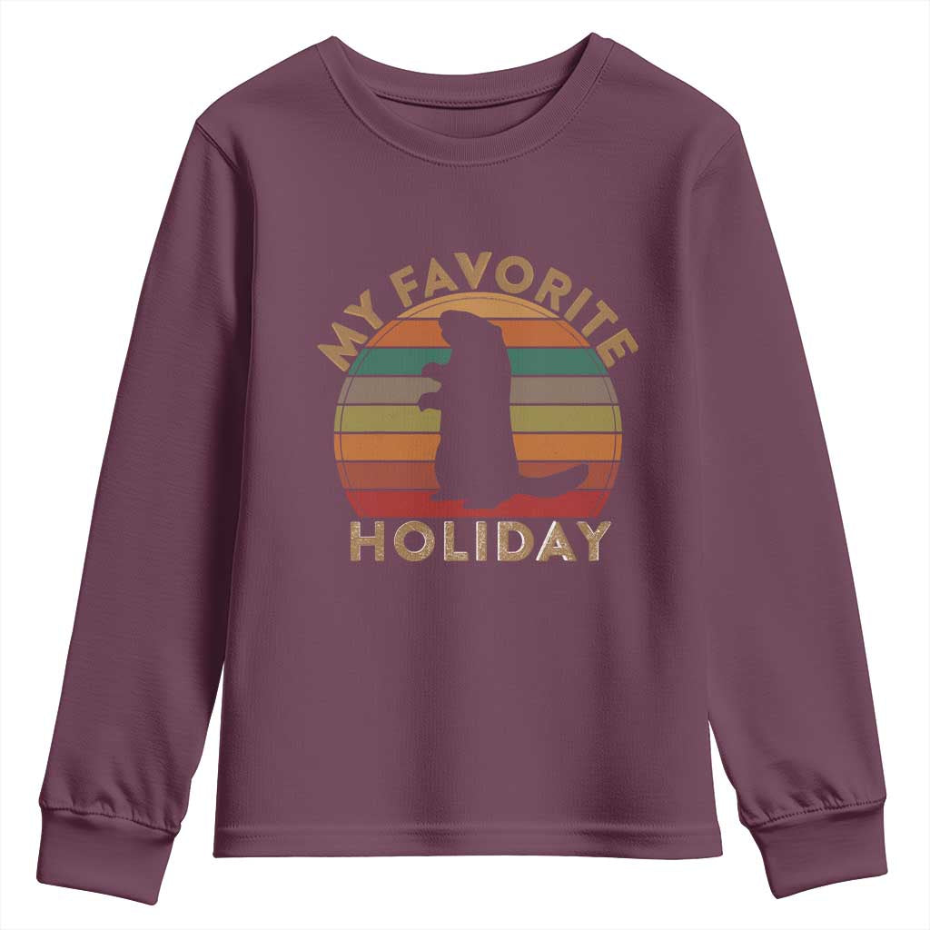 Groundhog Day Youth Sweatshirt My Favorite Holiday Ground Hog Shadow Retro Sunset TS02 Maroon Print Your Wear