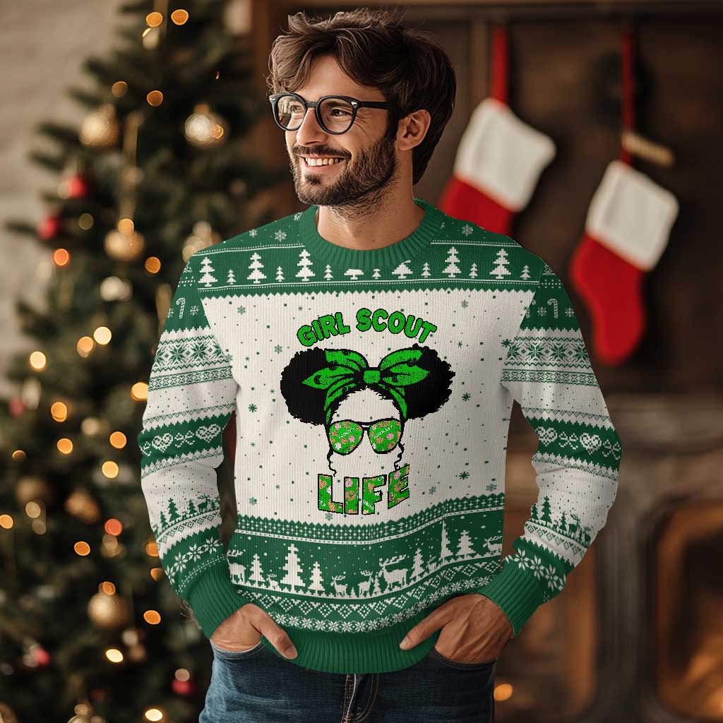 Scout Girl Cookie Dealer Ugly Christmas Sweater Troop Leader Little Messy Bun TS02 Beige Green Print Your Wear