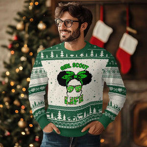 Scout Girl Cookie Dealer Ugly Christmas Sweater Troop Leader Little Messy Bun TS02 Beige Green Print Your Wear
