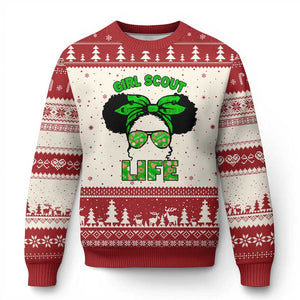Scout Girl Cookie Dealer Ugly Christmas Sweater Troop Leader Little Messy Bun TS02 Beige Red Print Your Wear