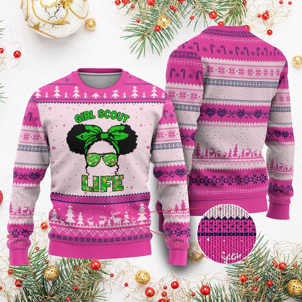 Scout Girl Cookie Dealer Ugly Christmas Sweater Troop Leader Little Messy Bun TS02 Hot Pink Print Your Wear