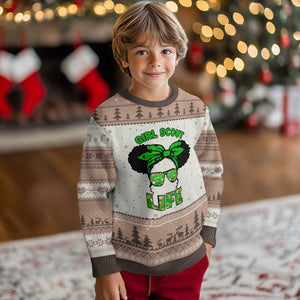 Scout Girl Cookie Dealer Ugly Christmas Sweater Troop Leader Little Messy Bun TS02 Mocha Mousse Print Your Wear