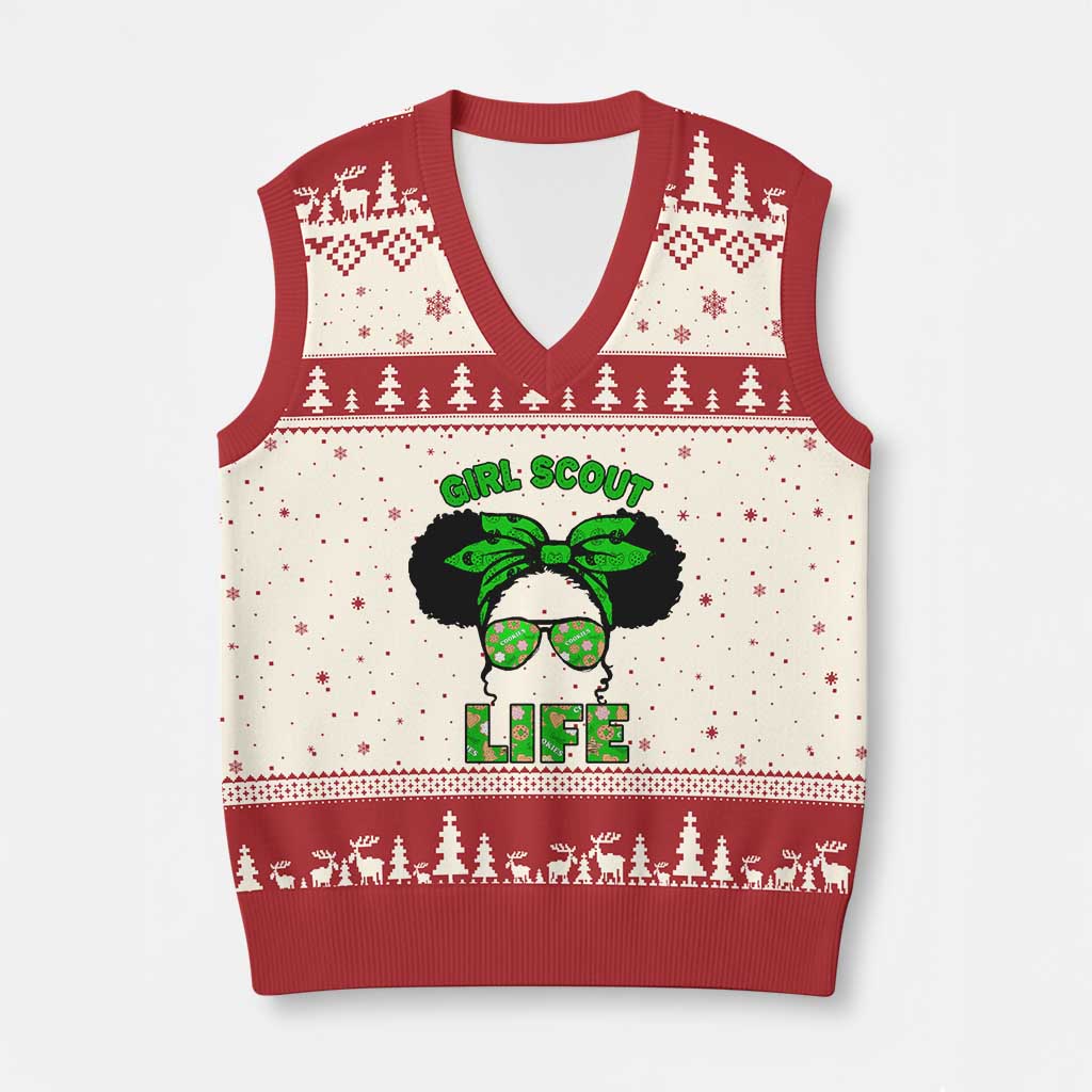 Scout Girl Cookie Dealer V-Neck Knit Sweater Vest Troop Leader Little Messy Bun TS02 Beige Red Print Your Wear