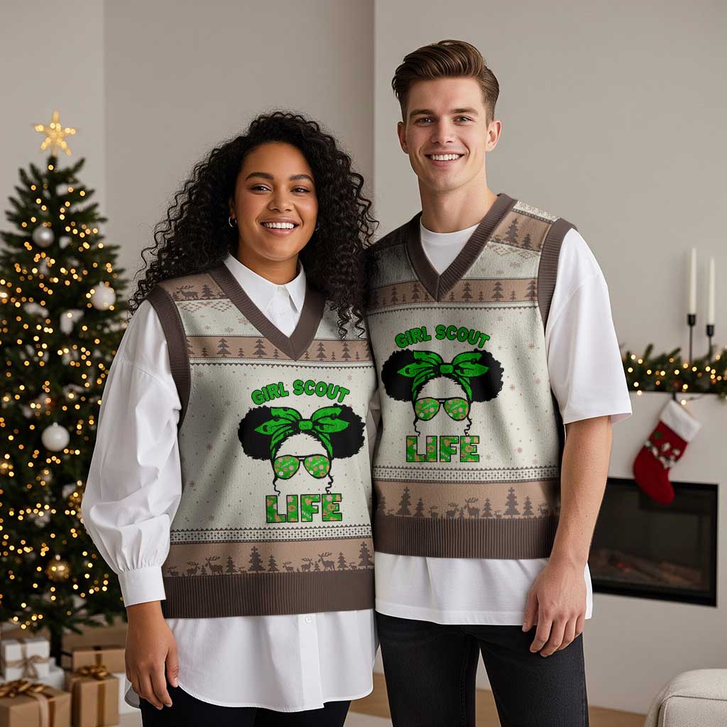 Scout Girl Cookie Dealer V-Neck Knit Sweater Vest Troop Leader Little Messy Bun TS02 Mocha Mousse Print Your Wear