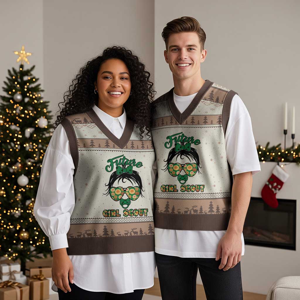 Scout Girl Cookie Dealer V-Neck Knit Sweater Vest Troop Leader Kidlife Little Bun TS02 Mocha Mousse Print Your Wear