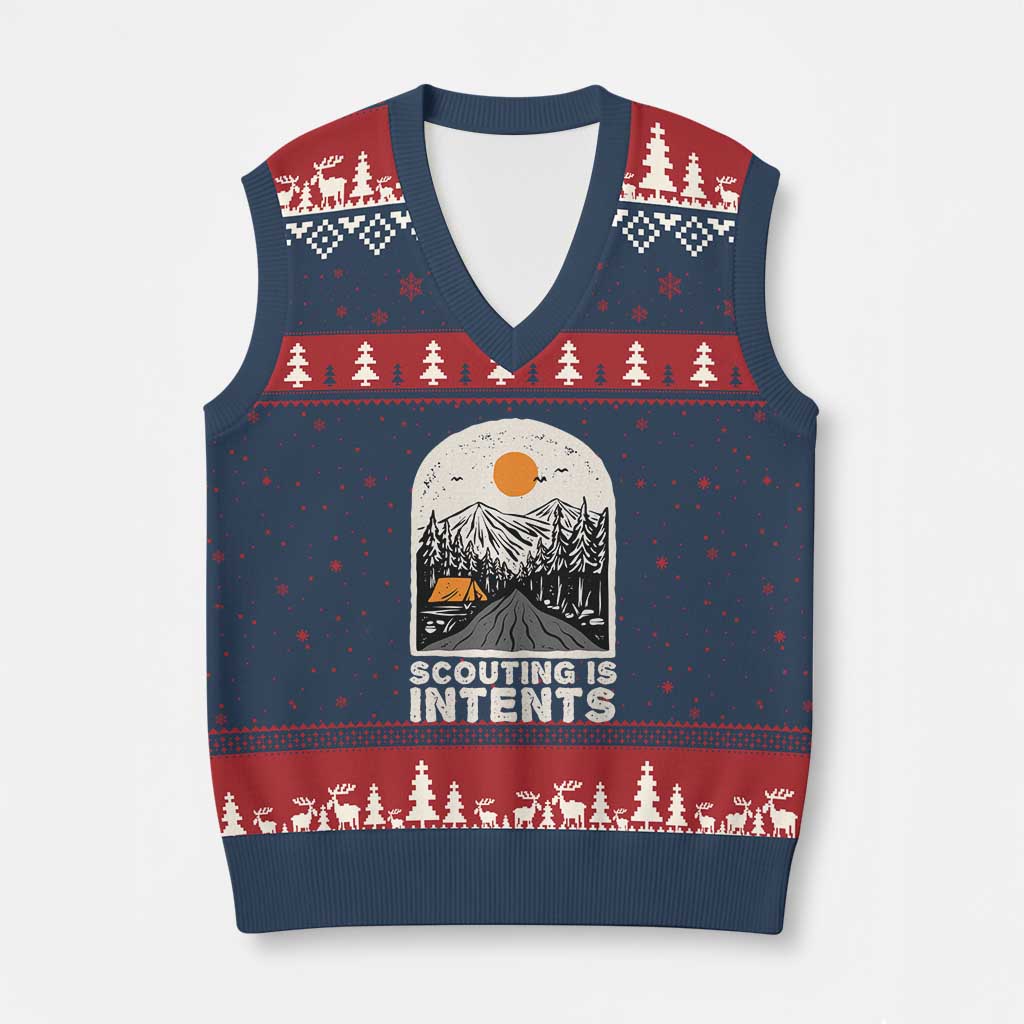 Funny Camping Is Intent V-Neck Knit Sweater Vest For Camper Hiking Outdoors Adventure Lover TS02 Navy Red Print Your Wear