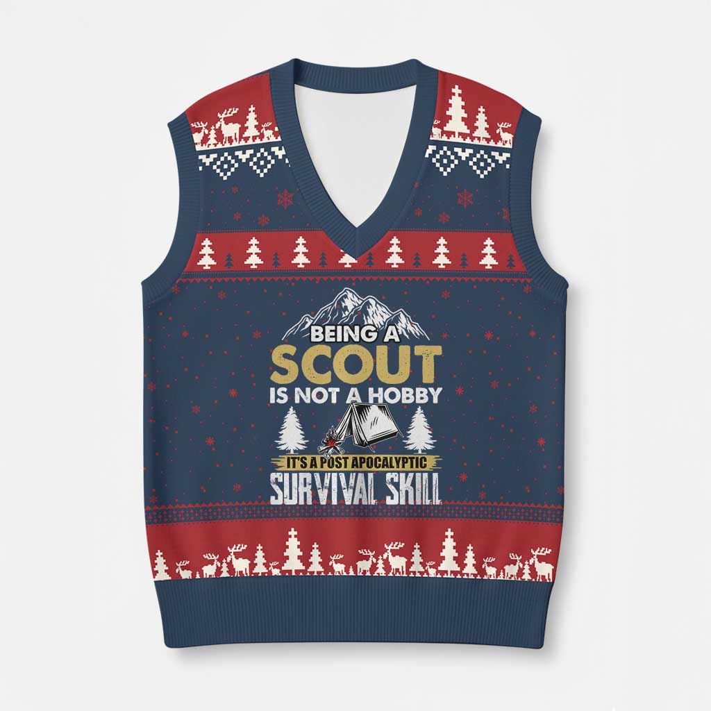 Funny Scout V-Neck Knit Sweater Vest Being A Scout Is Not A Hobby It's A Survial Skill Scouting TS02 Navy Red Print Your Wear