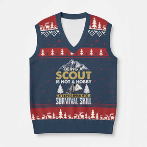 Funny Scout V-Neck Knit Sweater Vest Being A Scout Is Not A Hobby It's A Survial Skill Scouting TS02 Navy Red Print Your Wear