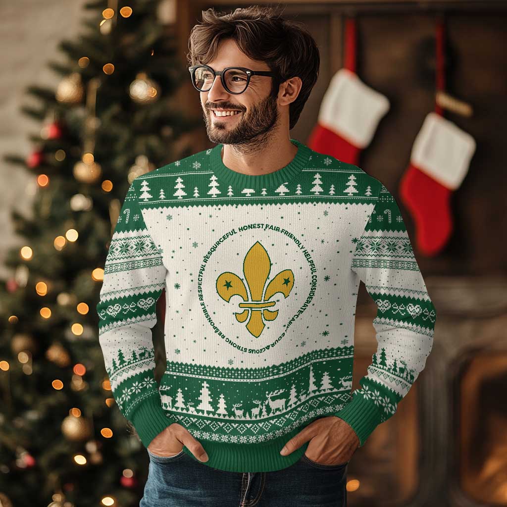 Scout Law Values Ugly Christmas Sweater Scouting Troop Leader Fleur-de-Lis TS02 Beige Green Print Your Wear