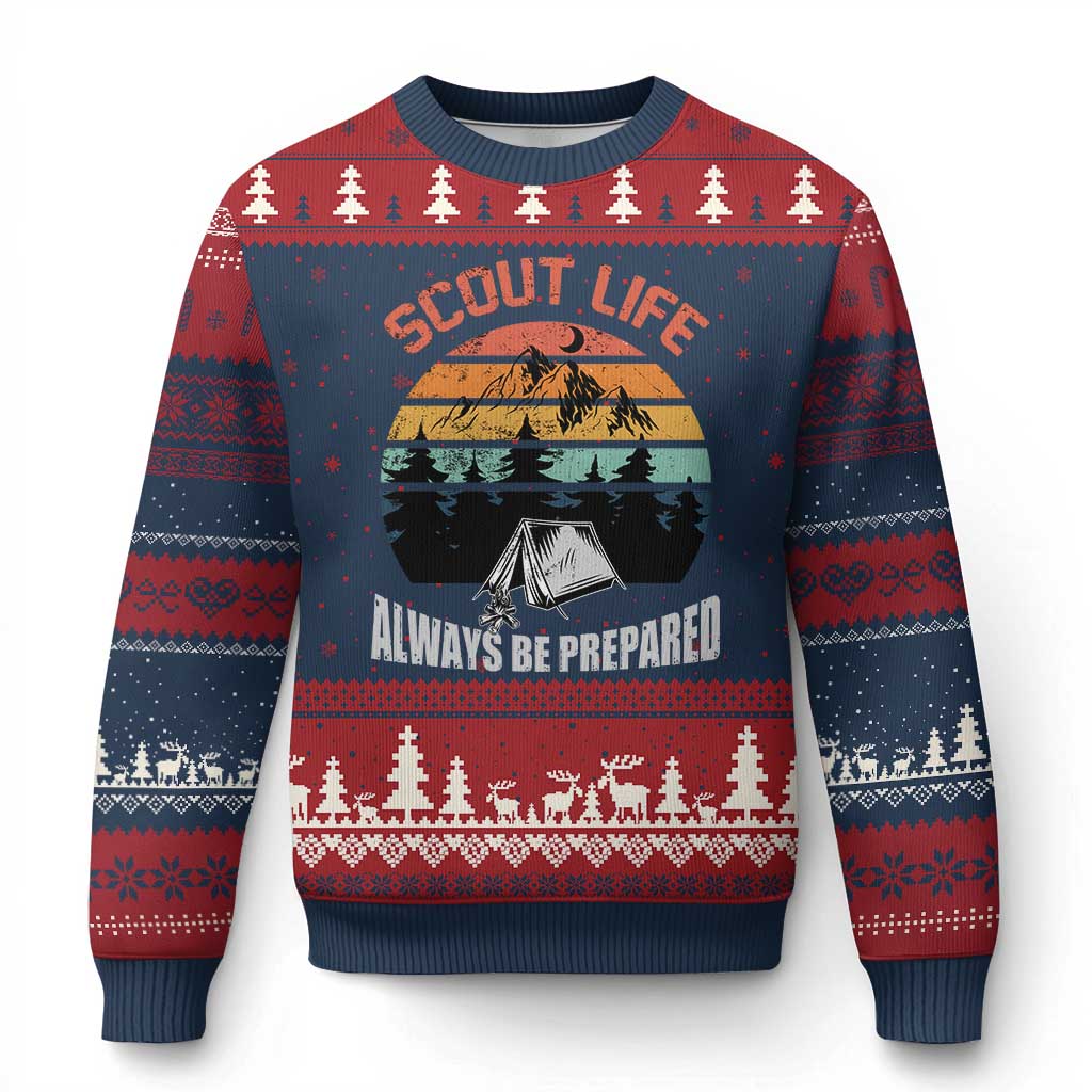 Scout Camping Ugly Christmas Sweater Scout Camping Always Be Prepared Hiking Camping Outdoors Troop Leader TS02 Navy Red Print Your Wear