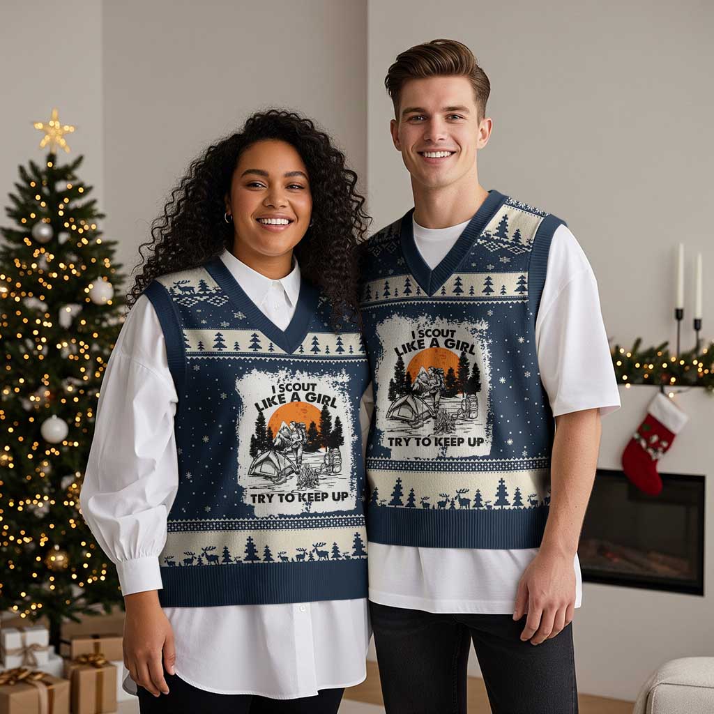 Scout Girl V-Neck Knit Sweater Vest I Scout Like A Girl Try To Keep Up Hiking Camping Scouting Lovers TS02 Navy Beige Print Your Wear