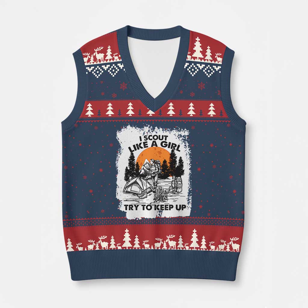 Scout Girl V-Neck Knit Sweater Vest I Scout Like A Girl Try To Keep Up Hiking Camping Scouting Lovers TS02 Navy Red Print Your Wear