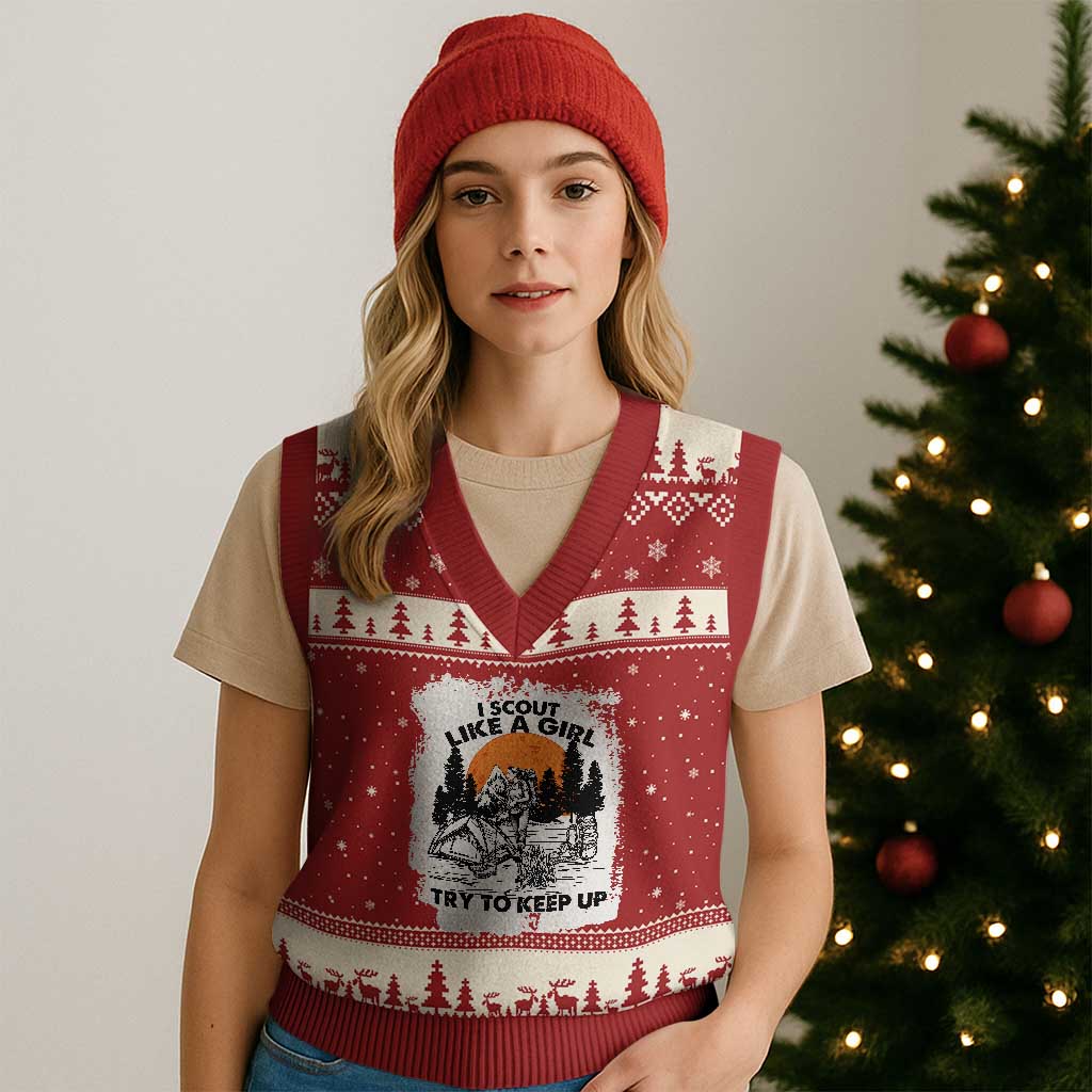 Scout Girl V-Neck Knit Sweater Vest I Scout Like A Girl Try To Keep Up Hiking Camping Scouting Lovers TS02 Red Beige Print Your Wear