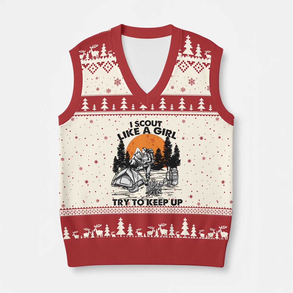 Scout Girl V-Neck Knit Sweater Vest I Scout Like A Girl Try To Keep Up Hiking Camping Scouting TS02 Beige Red Print Your Wear