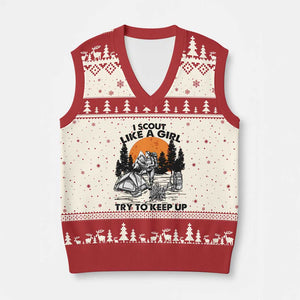 Scout Girl V-Neck Knit Sweater Vest I Scout Like A Girl Try To Keep Up Hiking Camping Scouting TS02 Beige Red Print Your Wear