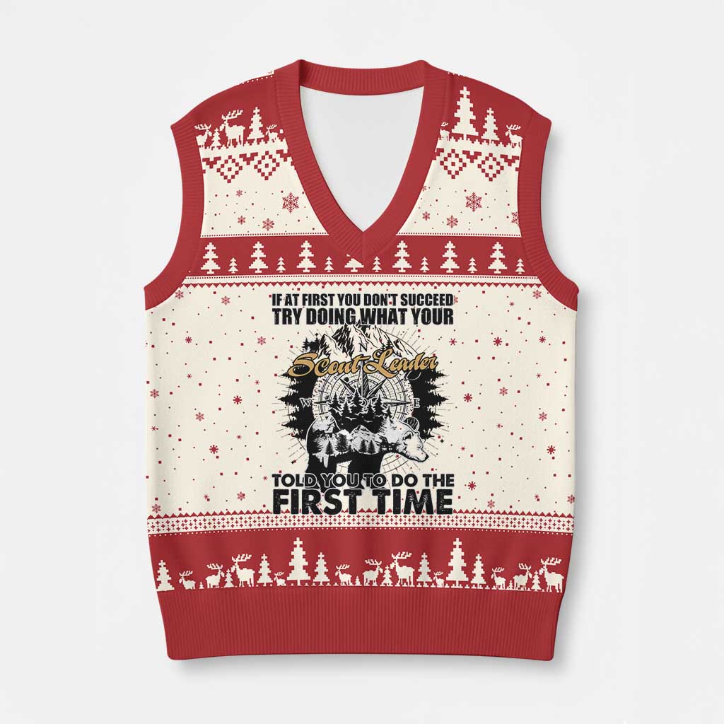 Funny Scouting Adventure V-Neck Knit Sweater Vest Doing What Your Scout Leader Told You To Do Camping Compass TS02 Beige Red Print Your Wear