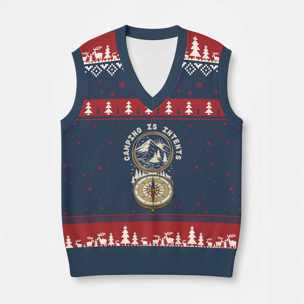 Funny Scout Camping V-Neck Knit Sweater Vest Camper Is Intents Compass Hiking Outdoors Adventure TS02 Navy Red Print Your Wear