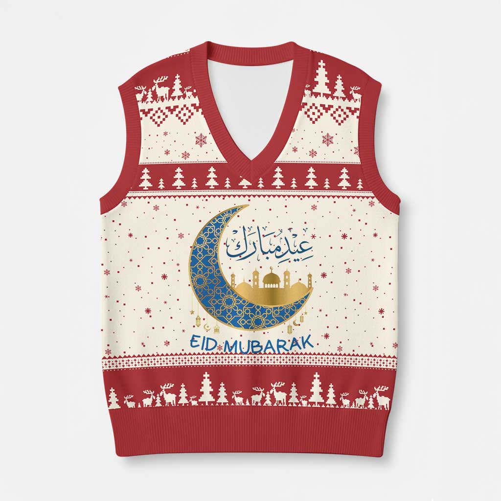 Eid Mubarak Crescent Moon Mosque V-Neck Knit Sweater Vest Arabic Calligraphy Islamic Celebration Gift TS02 Beige Red Print Your Wear