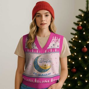 Eid Mubarak Crescent Moon Mosque V-Neck Knit Sweater Vest Arabic Calligraphy Islamic Celebration Gift TS02 Hot Pink Print Your Wear