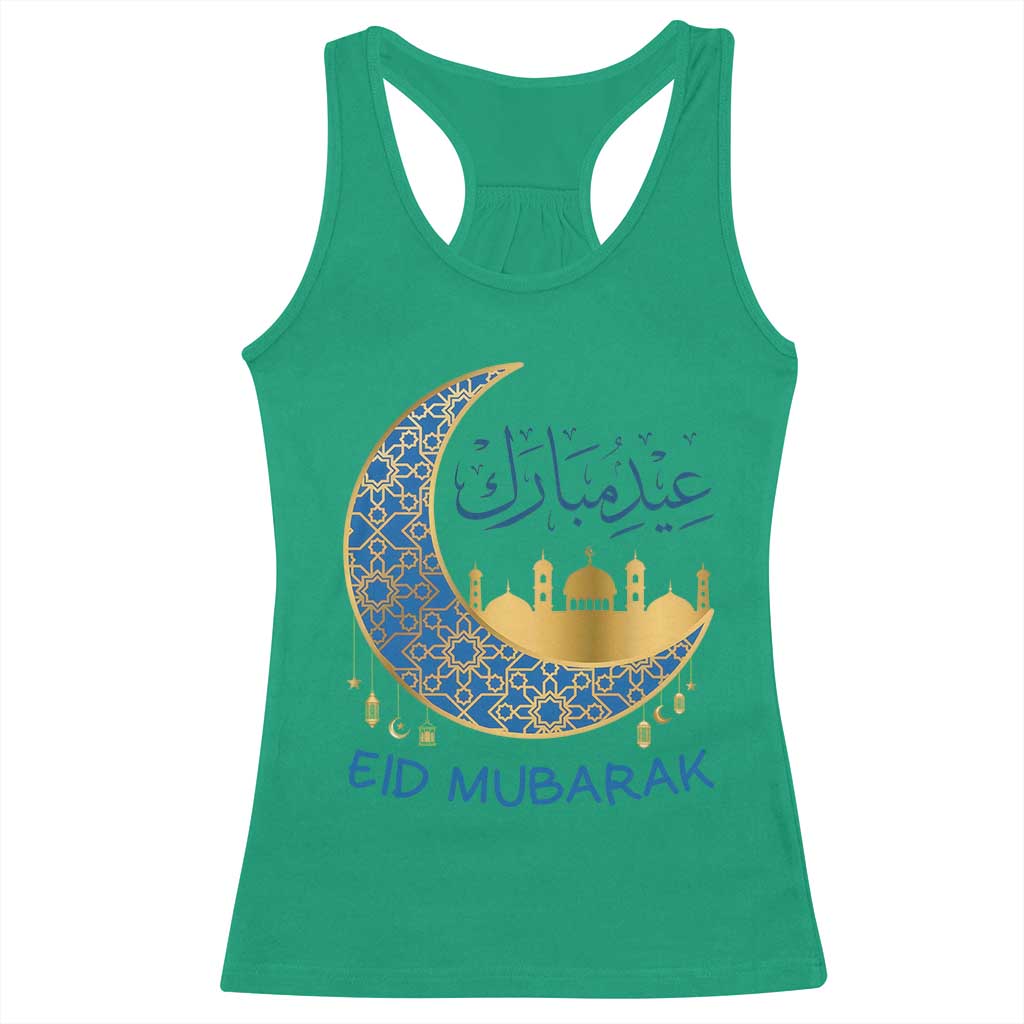 Eid Mubarak Crescent Moon Mosque Racerback Tank Top Arabic Calligraphy Islamic Celebration Gift TS02 Irish Green Print Your Wear