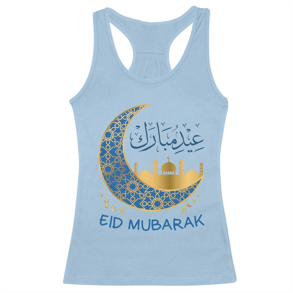 Eid Mubarak Crescent Moon Mosque Racerback Tank Top Arabic Calligraphy Islamic Celebration Gift TS02 Light Blue Print Your Wear